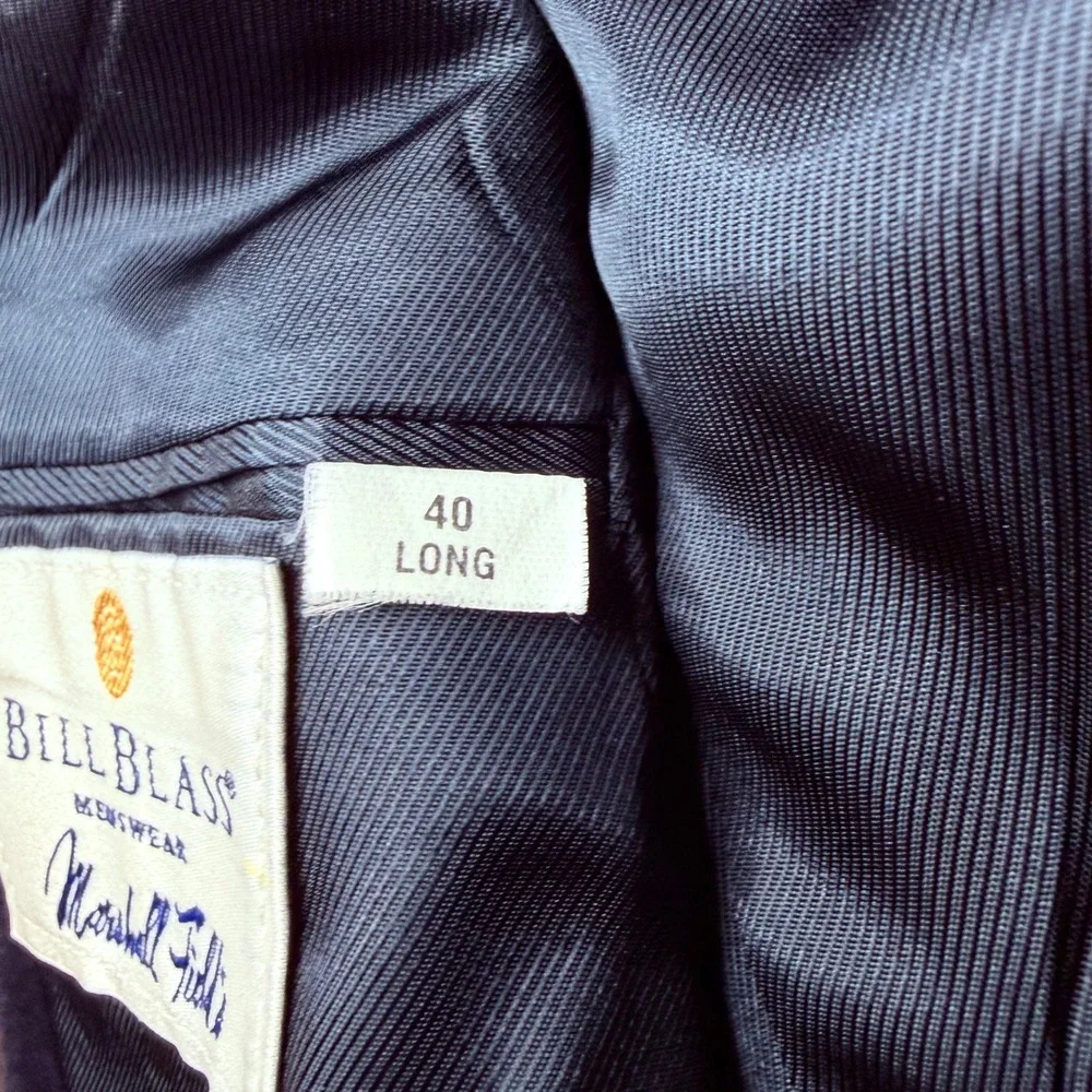 Vtg Bill Blass Blazer Mens 40L Navy Blue Herringbone Wool Two Button Sport Coat